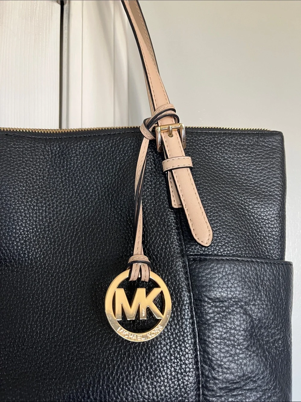 Michael Kors Jet Set Black Leather Tote with Tan Straps and Gold MK Charm